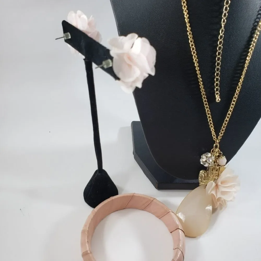 3 pc set pink poof flower earrings charm necklace - Picture 3 of 5